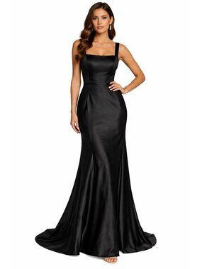 Black Satin A Line Dress Wide Strap Corset Back Formal Gown Size 10